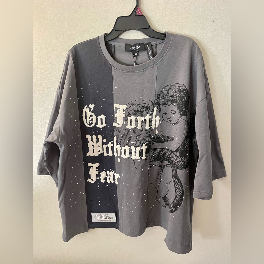 Gray Graphic Men’s Crop Top Tee with Rhinestones